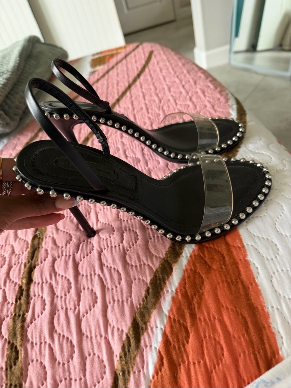 Alexander Wang Black Heeled Sandals with Clear Strap and Studded Trim